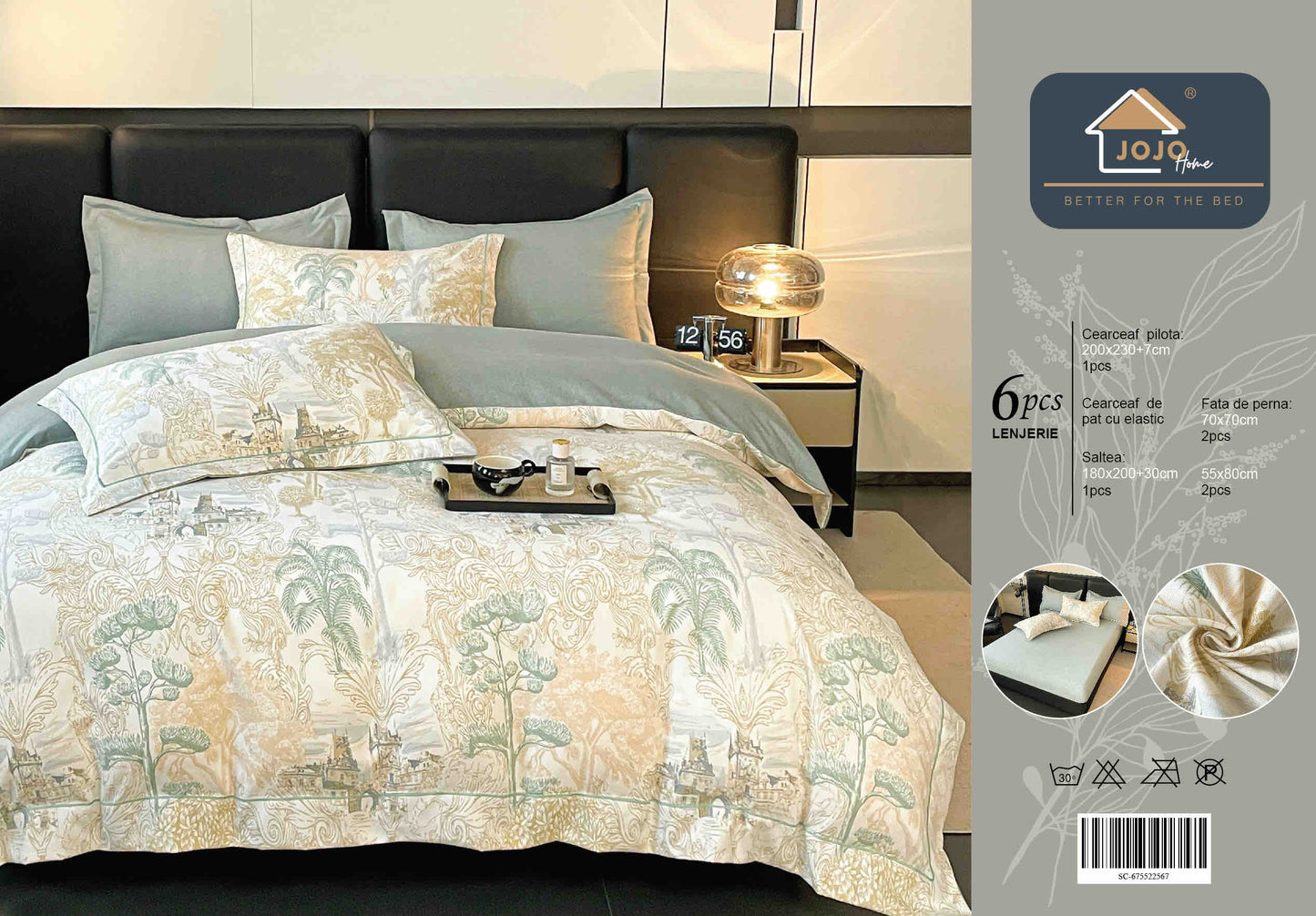 Lenjerie de Pat Dublu, Model Lux, Cutie Cadou, 6 Piese, Cearceaf cu Elastic, Bumbac, LJH-07