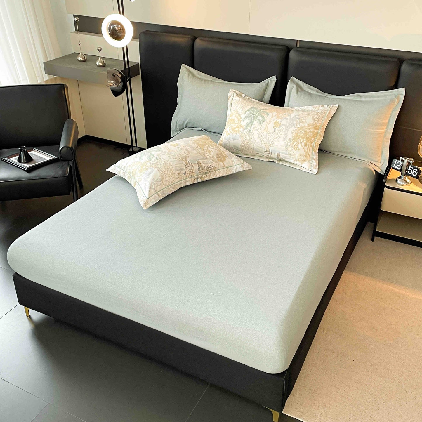 Lenjerie de Pat Dublu, Model Lux, Cutie Cadou, 6 Piese, Cearceaf cu Elastic, Bumbac, LJH-07