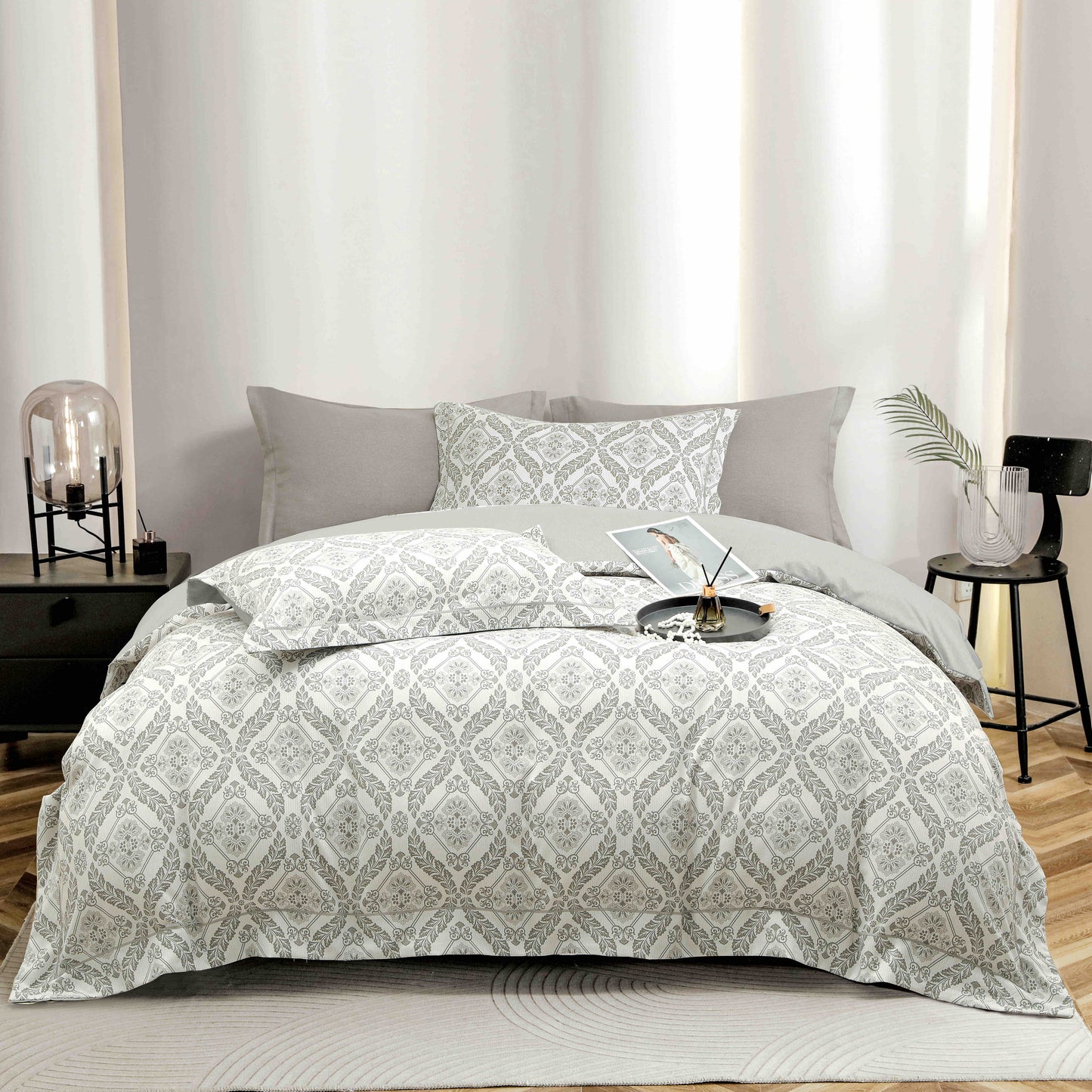 Lenjerie de Pat Dublu, Model Lux, Cutie Cadou, 6 Piese, Cearceaf cu Elastic, Bumbac, LJH-06