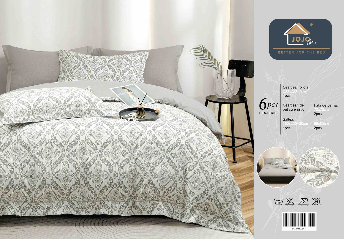 Lenjerie de Pat Dublu, Model Lux, Cutie Cadou, 6 Piese, Cearceaf cu Elastic, Bumbac, LJH-06