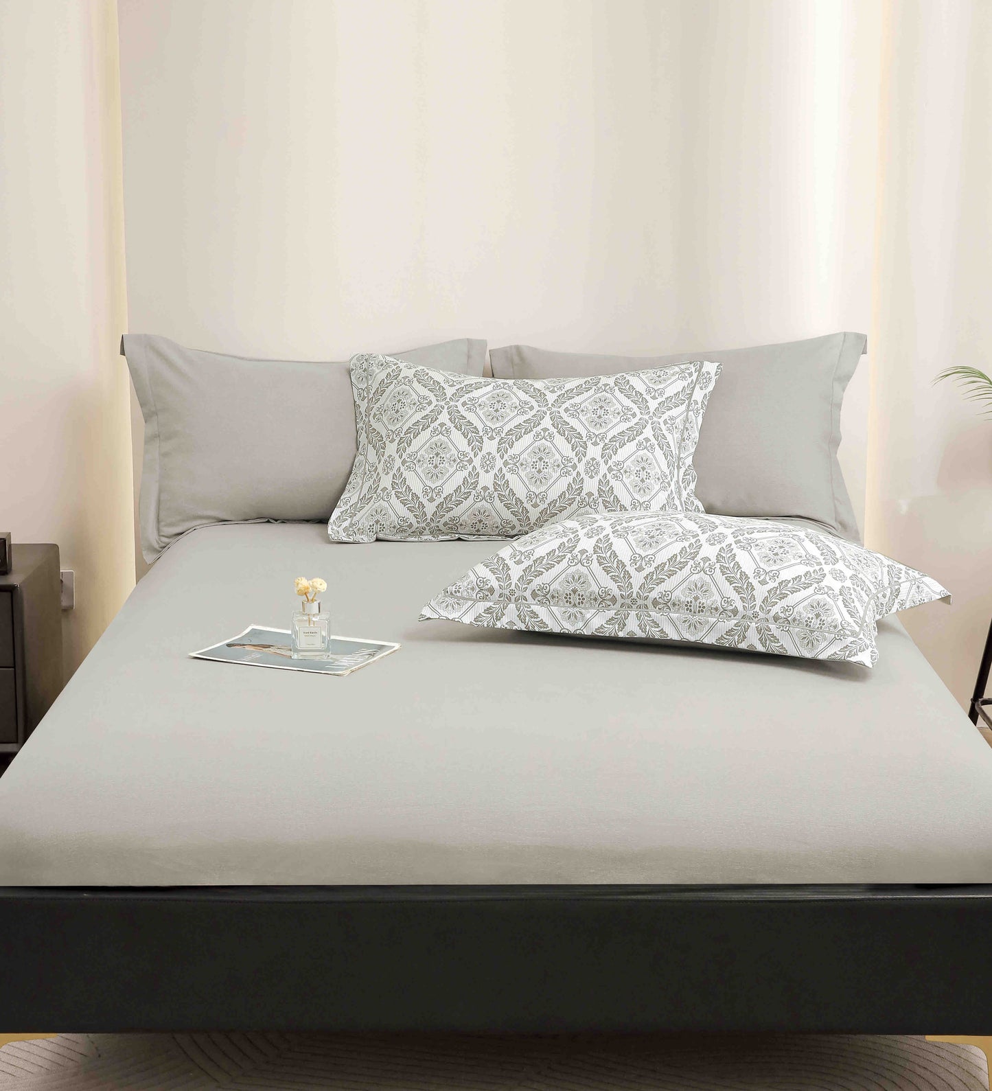 Lenjerie de Pat Dublu, Model Lux, Cutie Cadou, 6 Piese, Cearceaf cu Elastic, Bumbac, LJH-06