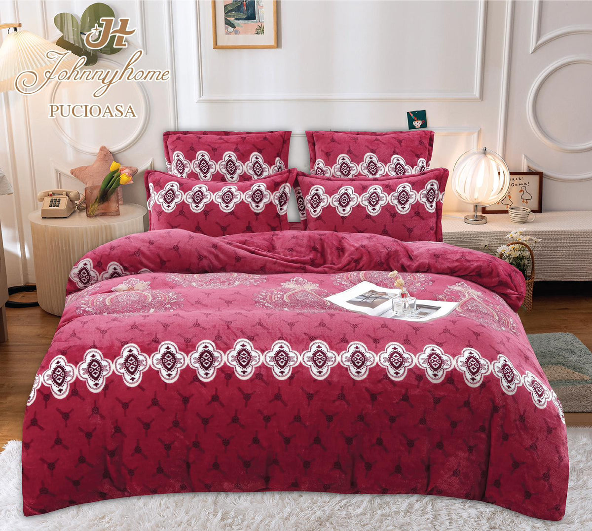 Lenjerie pat dublu Cocolino, 6 piese, super pufoasa, Rosu, LC12