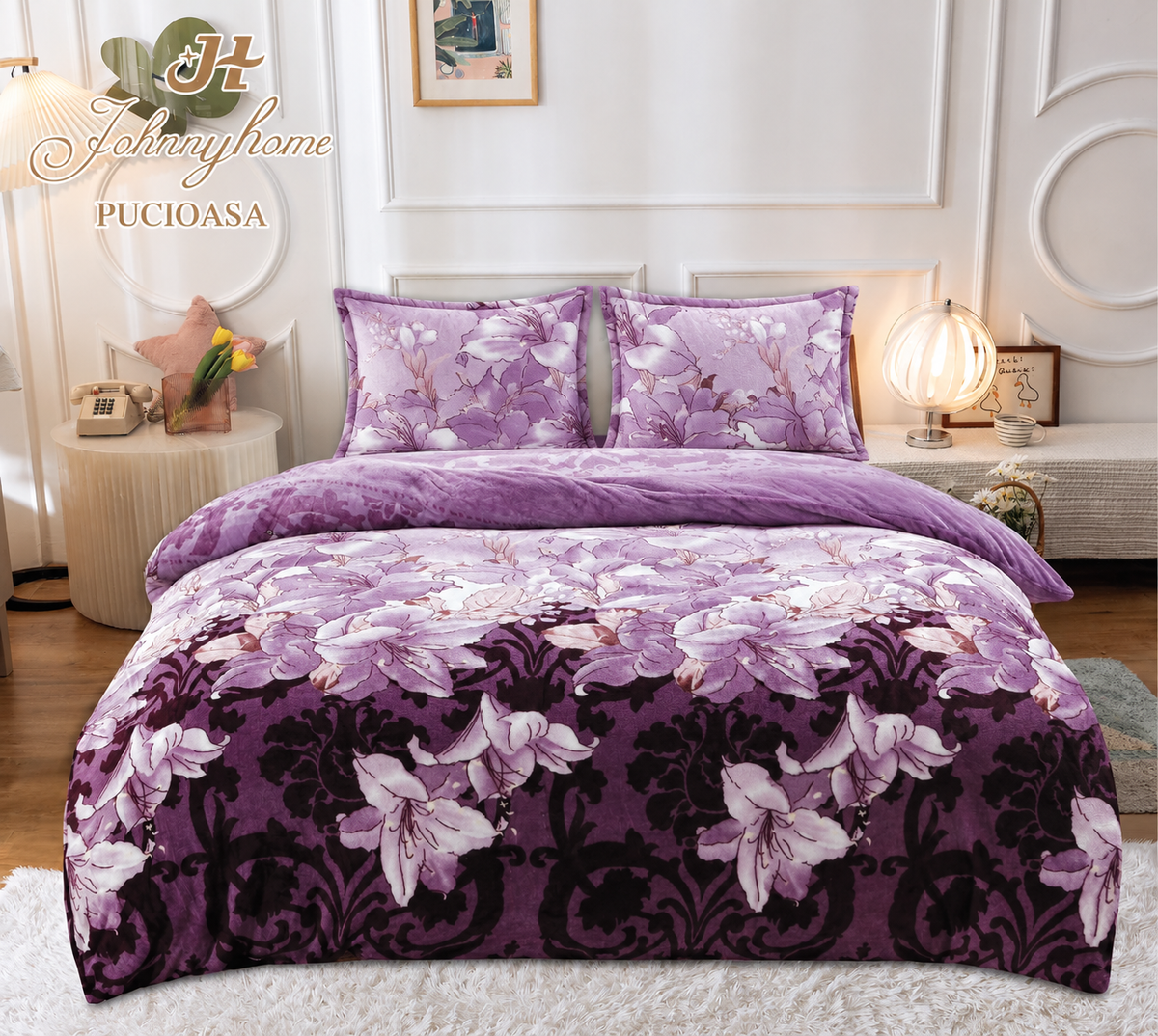 Lenjerie pat dublu Cocolino, 4 piese, super pufoasa, Mov, Floral