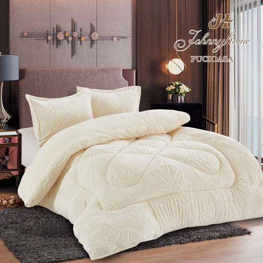 Pilotă groasă cu blăniță + fețe de pernă, Model Fluturi, dimensiune 200x230, Crem, PLT30
