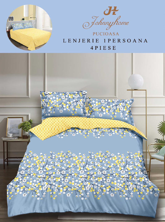 Lenjerie de pat 1 persoană , Bumbac finet, 4 piese, Albastru floricele, LOP31