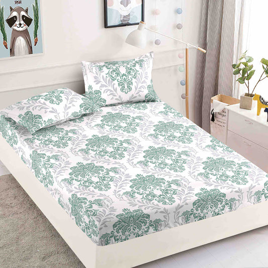 Husa de pat dublu, Bumbac finet, 3 piese, alb-verde, HBF63