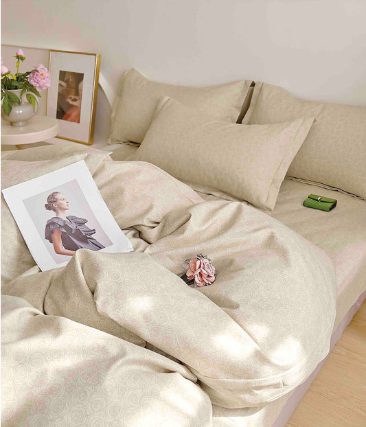 Lenjerie de pat dublu, Jojo Home, Cearceaf normal sau cu elastic, Bumbac finet, 6 piese, Bej, cod LBF77