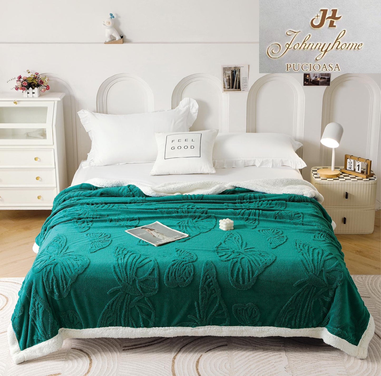 Patura Cocolino cu Blanita, Model, FLUTURI, 3D, Pat 2 Persoane, 200x230 cm, VERDE INCHIS, FLT05