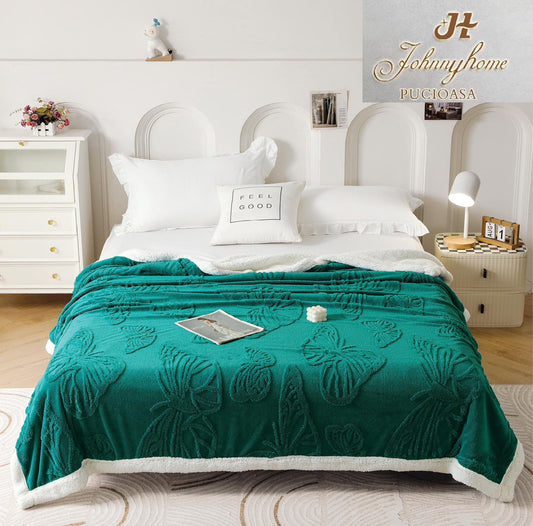 Patura Cocolino cu Blanita, Model, FLUTURI, 3D, Pat 2 Persoane, 200x230 cm, VERDE INCHIS, FLT05