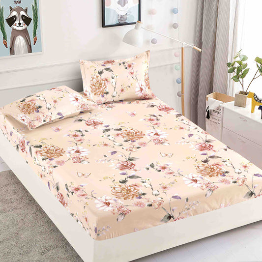 Husa de pat dublu cu elastic, 180x200, 160x200, Bumbac , 2 fețe de pernă incluse ,Bej Floral , HBF026