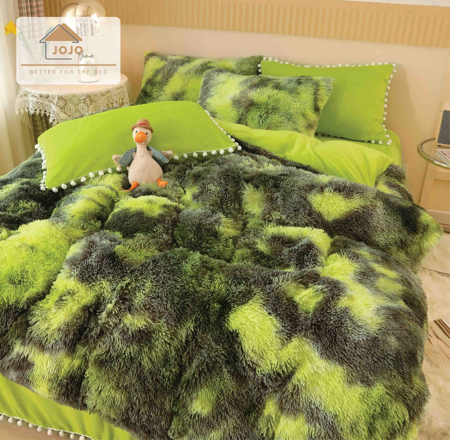 Lenjerie Super Pufoasa Cocolino, Model Fluffy , Pat 2 persoane , 6 piese, Verde-Gri, FLUFFY10