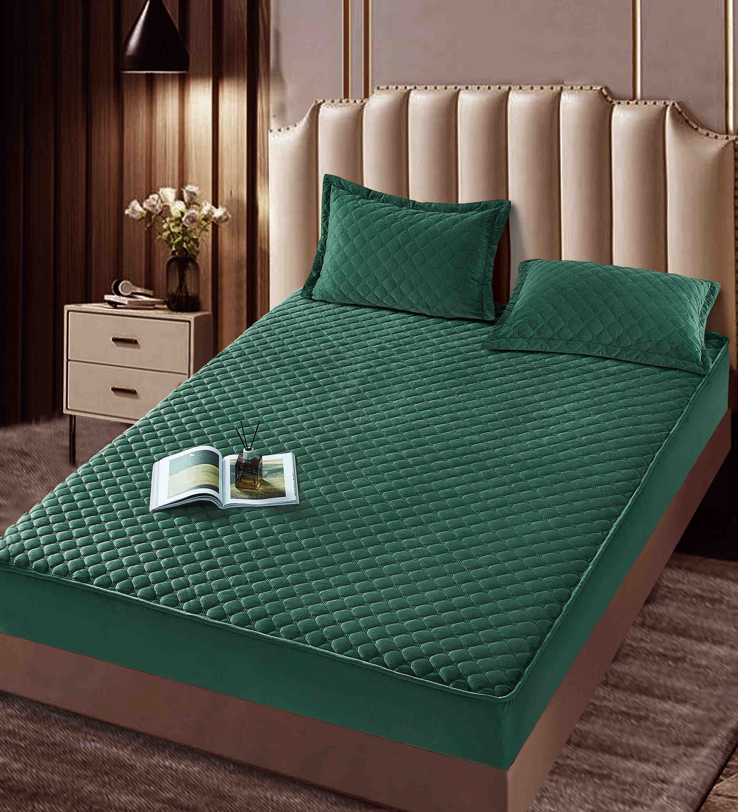 Husă Catifea TOPPER cu Elastic + 2 fețe de pernă, 160x200, Verde . HT05