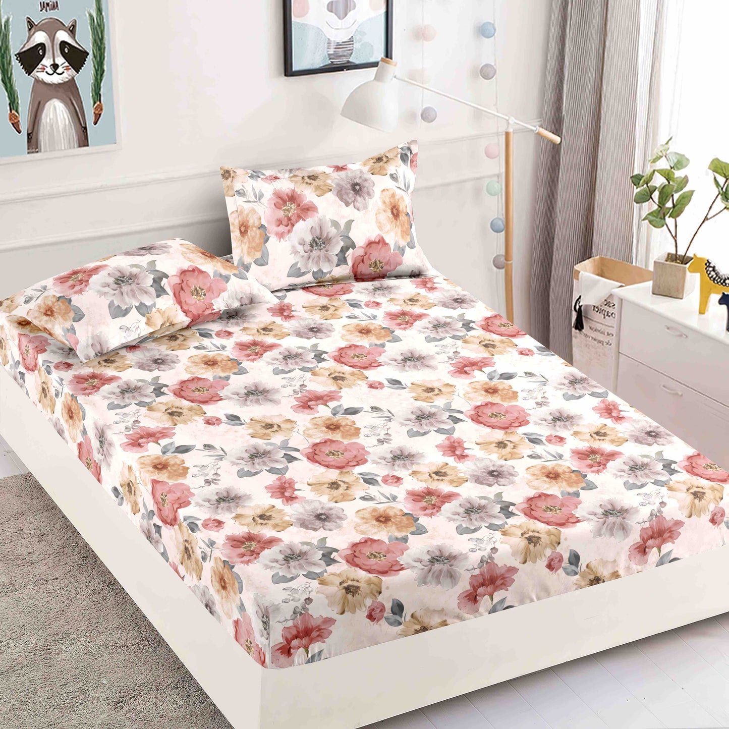 Husa de pat dublu cu elastic + 2 fețe de pernă ,Bumbac, 3 piese, Floral , HBF017