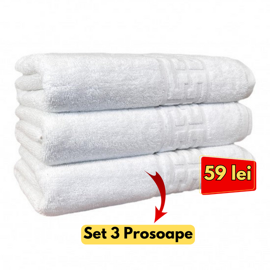 Set 3 Prosoape baie tip Hotel , 50x90 ,Model Greek Border 500g, Bumbac 100%, Alb