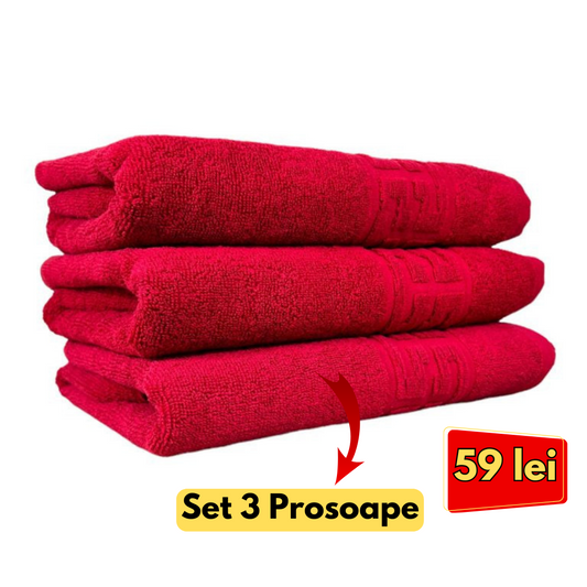 Set 3 Prosoape baie Premium Hotel ,Model Greek Border 500g, Bumbac 100%, Rosu