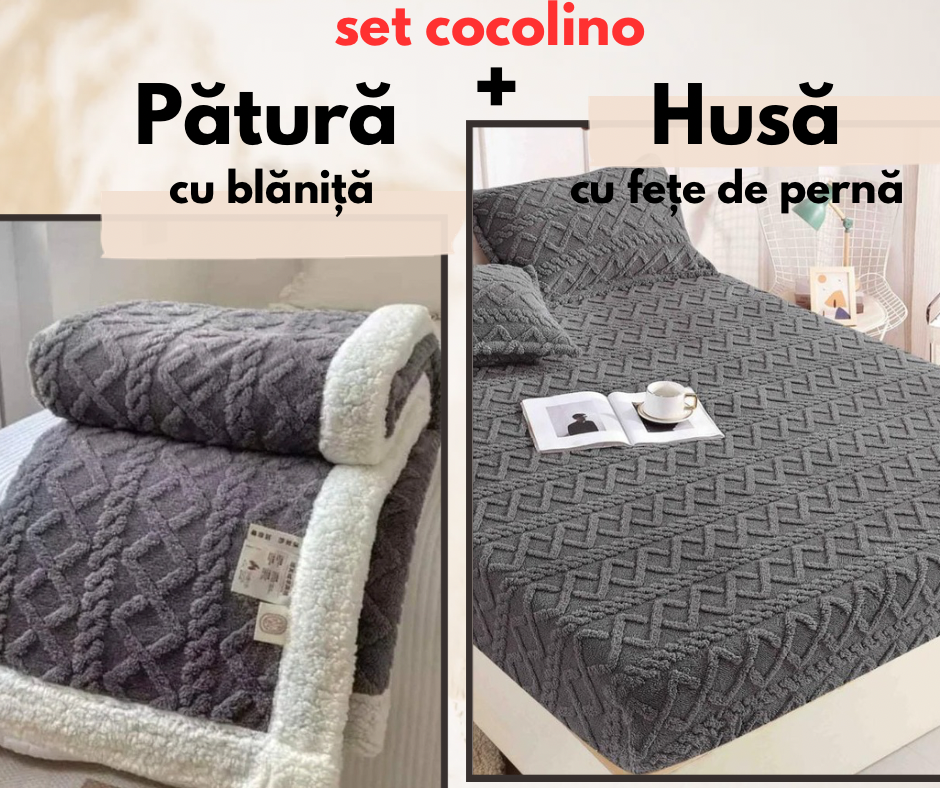 Set Lenjerie pat dublu cocolino TRICOT completă , Pătură cu Blaniță + husă cu elastic, 4 piese , Gri Închis, SET02