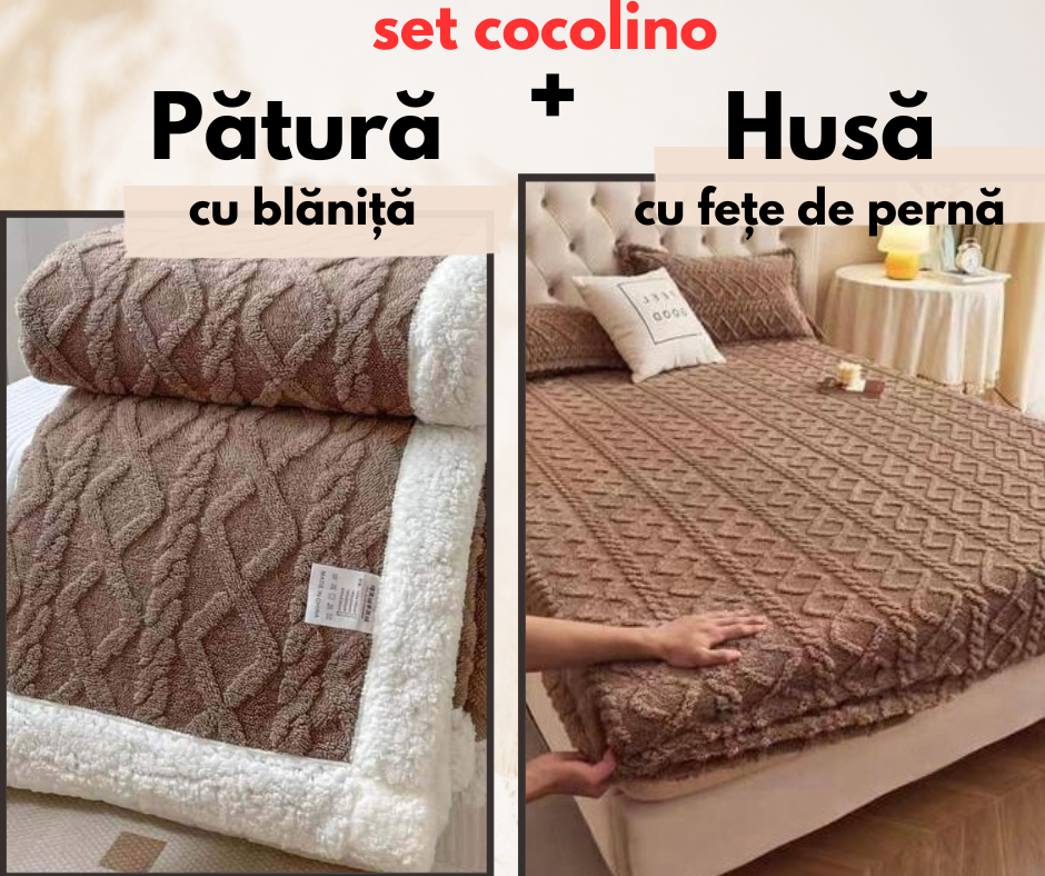 NOU ! Lenjerie pat dublu cocolino TRICOT completă , Pătură cu Blaniță + Husă cu elastic, 4 piese, Maro, SET04