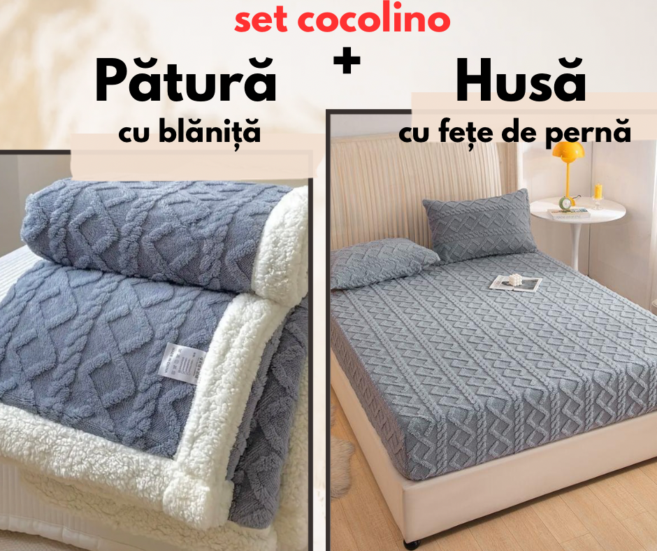 Set Lenjerie pat dublu cocolino TRICOT completă , Pătură cu Blaniță + Husă cu elastic pat, 4 piese, Gri Deschis, SET03