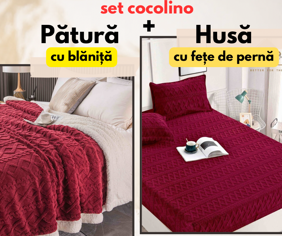 Set de pat dublu Cocolino , Husă cu elastic + pătură cu blăniță, Model Tricot, Rosu-Închis Bordo , SET05