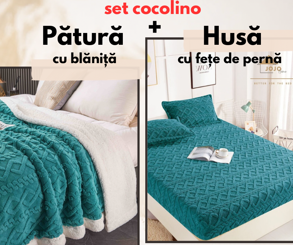 Set de pat dublu Cocolino , Husă cu elastic + pătură cu blăniță, Model Tricot, Turcoaz . SET01