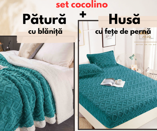 Set de pat dublu Cocolino , Husă cu elastic + pătură cu blăniță, Model Tricot, Turcoaz . SET01